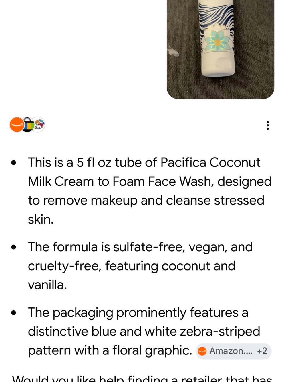 Pacifica Face Wash Tube — White with Blue Floral Zebra Accent